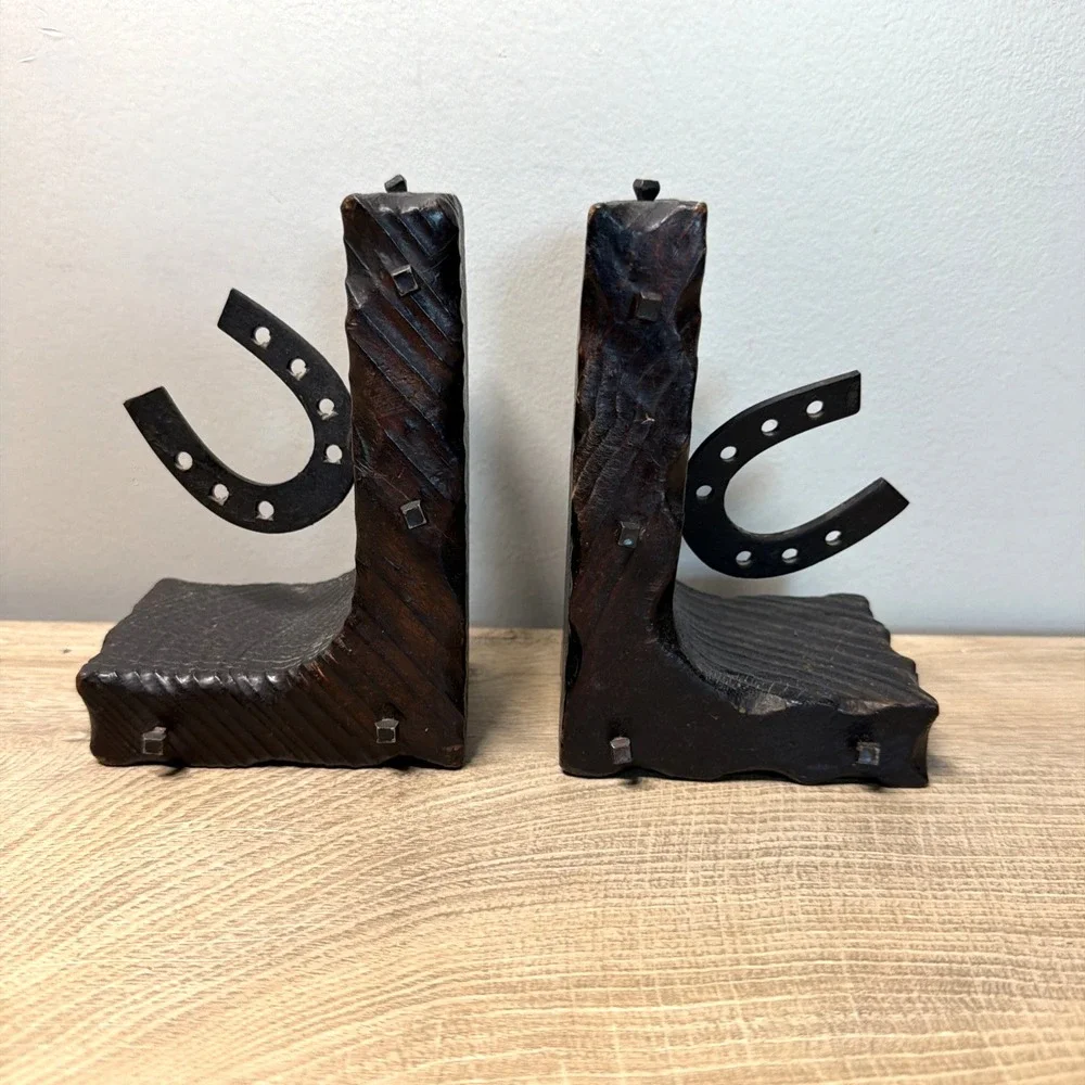 Western Horseshoe Bookends Pair Rustic Cowboy Ranch Equestrian Lodge Home Decor